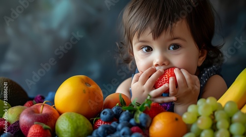 little girl with fruits, Child Amidst a Colorful Array of Fresh Fruits