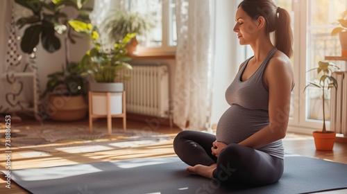 Peaceful Prenatal Yoga in Sunlit Room with Indoor Plants