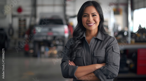 confident woman wearing a mechanic's uniform, standing with her arms crossed in an auto repair shop with a car lifted in the background.