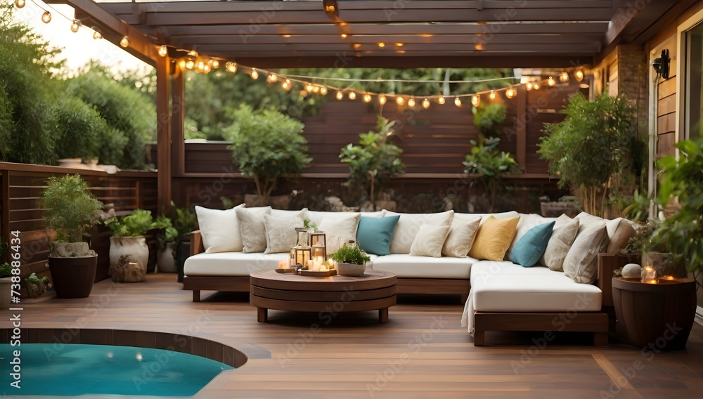 Imagine a luxurious wooden deck wrapping around a glistening, clear blue swimming pool. The sun is casting a warm glow, accentuating the rich, deep brown tones of the wood. - obrazy, fototapety, plakaty 