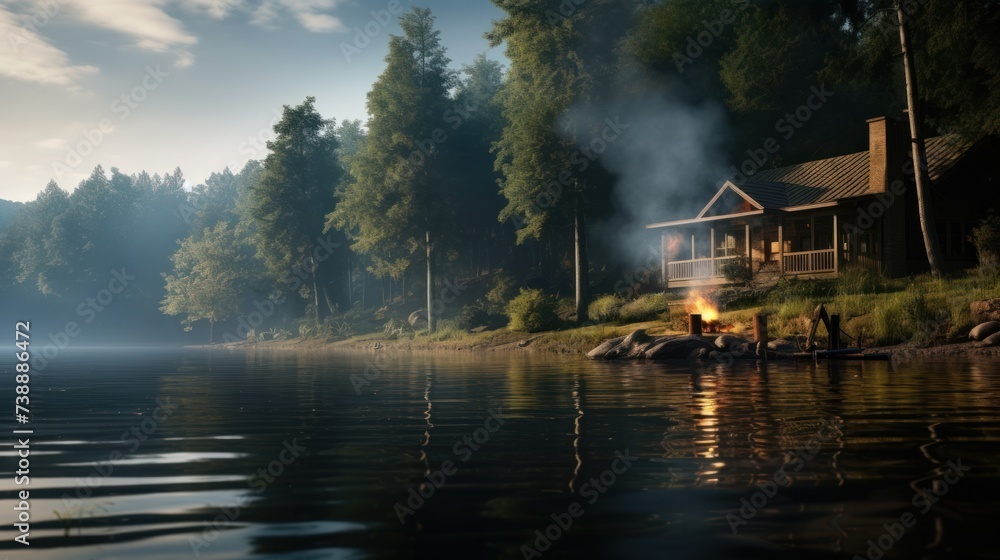 Tranquility on the lake: a small cottage surrounded by the beauty of nature reflected in the calm waters, a fire burning on the shore.