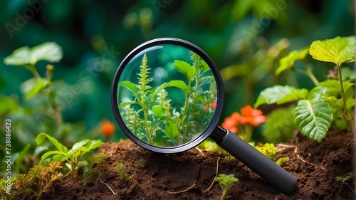 studies in phytology, plant science, plant biology, or botany. Learn about gardening and agriculture. magnifying lens on a vivid background of natural plants photo