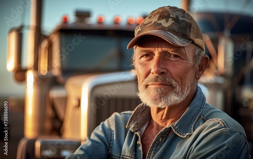 A multiracial man wearing a hat stands confidently in front of a truck, posing for the camera. The mans attire and the trucks details suggest a rugged, outdoorsy setting