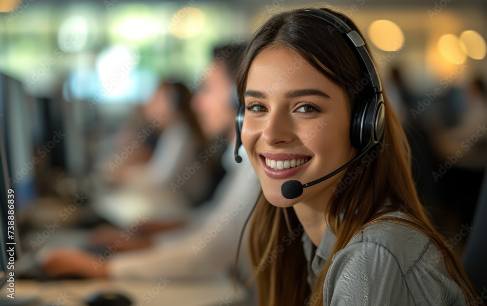 A multiracial woman with a smile on her face wearing a headset while seated in front of a computer screen. She appears engaged in a virtual conversation or online meeting A multiracial woman with a smile on her face wearing a headset while seated in front of a computer screen. She appears engaged in a virtual conversation or online meeting