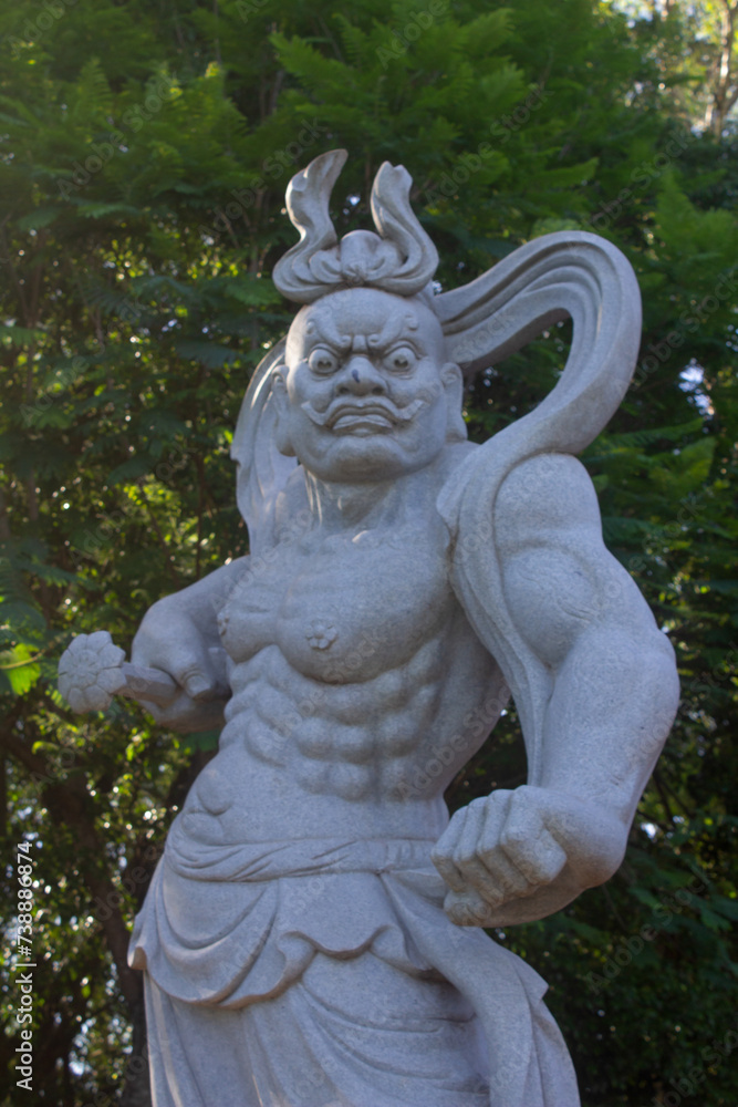 Intimidating warrior statue in the Buddhist temple Chen Tien, or 'templo budista' in Portuguese, in the city of Foz do Iguaçu, Brazil.
