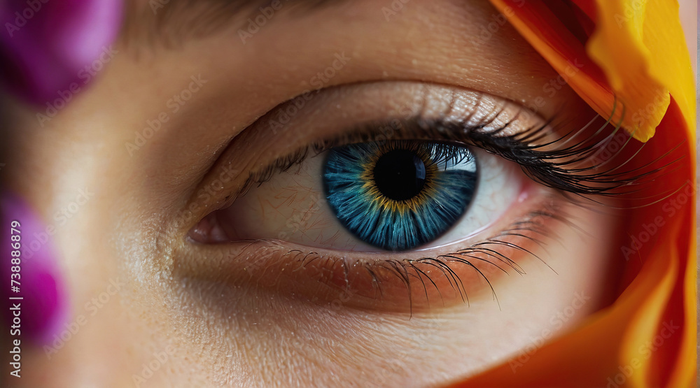 Fototapeta premium Close-up of a woman's eye and flowers as a postcard dedicated to International Women's Day. Concept March 8th.