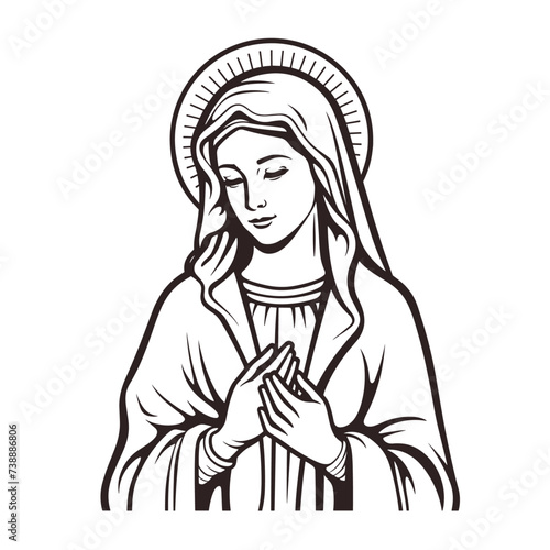 Our Lady Virgin Mary Mother of Jesus, Holy Mary, madonna, vector illustration, black on white background, printable, suitable for logo, sign, tattoo, laser cutting, sticker and other print on demand	