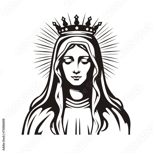 Our Lady Virgin Mary Mother of Jesus, Holy Mary, madonna, vector illustration, black on white background, printable, suitable for logo, sign, tattoo, laser cutting, sticker and other print on demand	