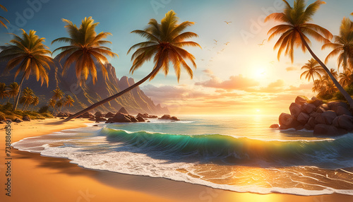 Abendrot oder Sonnenaufgang am Strand mit tropischen Palmen, einem Ozean oder Meer aus türkisen Wasser mit Wellen und einem weiten Himmel mit Sonne Wolken in bunten Farben schöner Urlaub Insel Küste © www.barfuss-junge.de