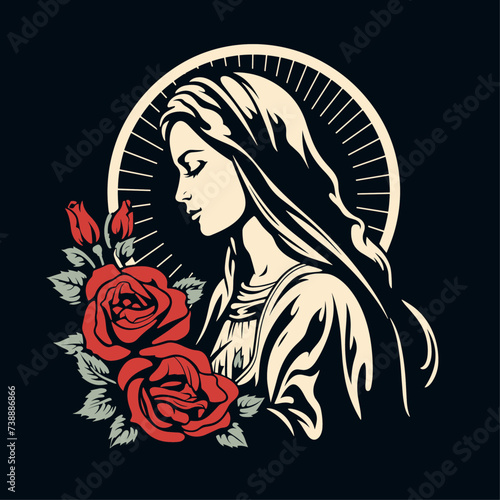 Our Lady Virgin Mary Mother of Jesus  Holy Mary  madonna with roses  vector illustration  black  red and beige  printable  suitable for logo  sign  tattoo  laser cutting  sticker