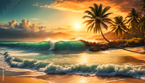 Abendrot oder Sonnenaufgang am Strand mit tropischen Palmen  einem Ozean oder Meer aus t  rkisen Wasser mit Wellen und einem weiten Himmel mit Sonne Wolken in bunten Farben sch  ner Urlaub Insel K  ste