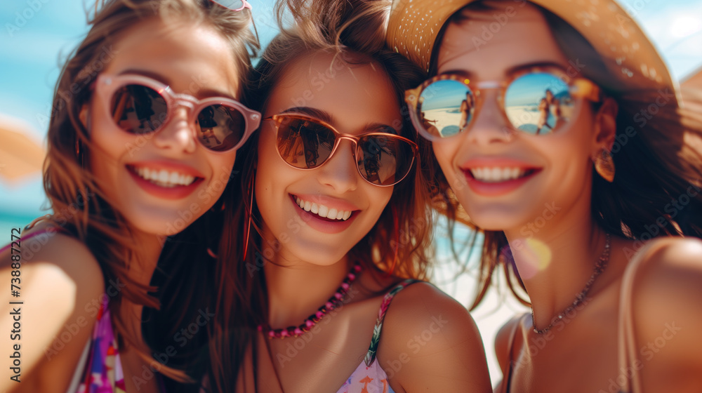 Three smiling women in sunglasses enjoying a beach day. Three smiling women in sunglasses enjoying a beach day.