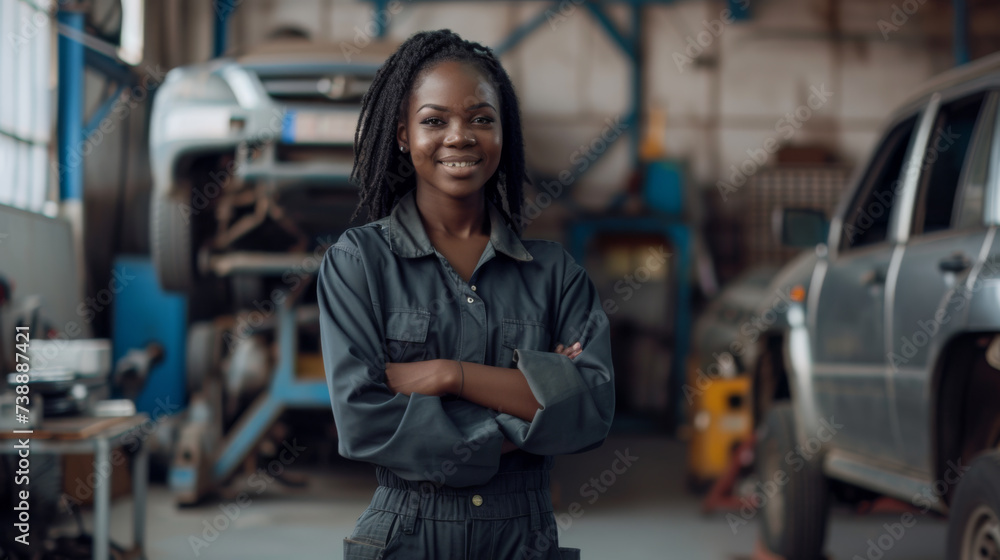 confident woman wearing a mechanic's uniform, standing with her arms crossed in an auto repair shop with a car lifted in the background.