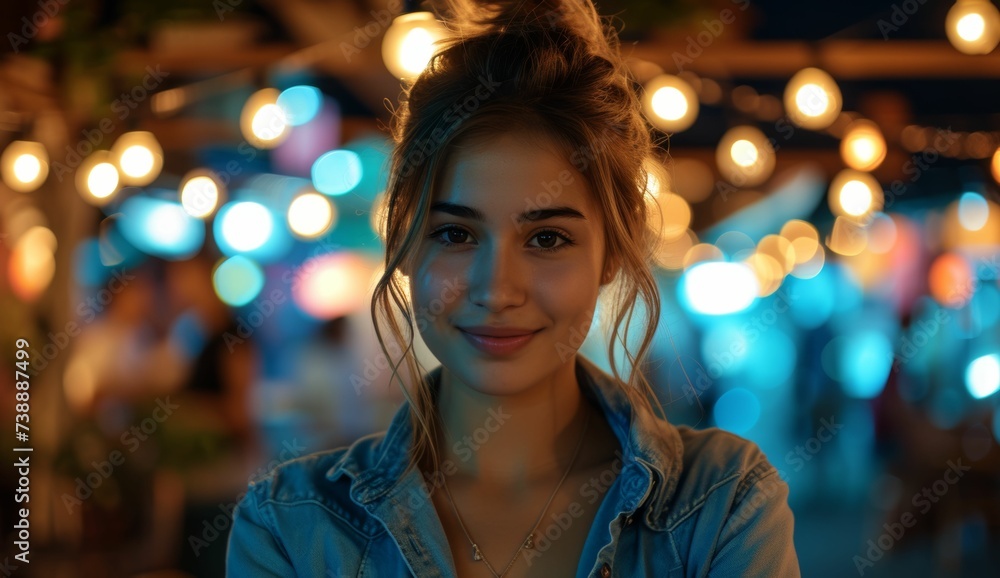A photograph capturing a multiracial woman standing in front of a group of bright lights, illuminating her figure. She gazes ahead, bathed in the glow of the lights A photograph capturing a multiracial woman standing in front of a group of bright lights, illuminating her figure. She gazes ahead, bathed in the glow of the lights