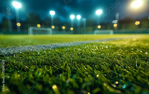 A photograph capturing a soccer field with bright lights illuminating the background, possibly indicating a night game or event. The green grass of the field stands out against the dark sky and the ar