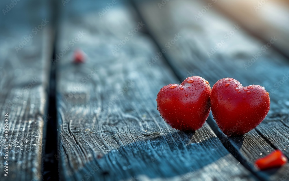 Fototapeta premium Two vibrant red hearts are resting peacefully on top of a sturdy wooden bench, creating a simple yet touching scene