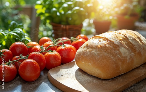 A loaf of bread is placed neatly on top of a wooden cutting board, creating a simple and rustic display. The bread appears freshly baked and ready to be sliced into delicious portions