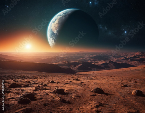 A stunning extraterrestrial landscape  on the cosmic background you can see Mars with the Earth.