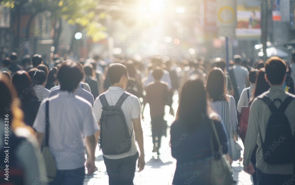 A large group of multiracial people walking down a crowded urban street, with various individuals carrying bags and talking on their phones. The scene is bustling with activity and movement A large group of multiracial people walking down a crowded urban street, with various individuals carrying bags and talking on their phones. The scene is bustling with activity and movement