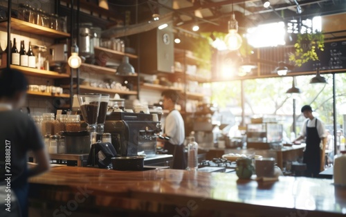 This photo captures a bustling coffee shop with diverse team members busy behind the counter, preparing orders for customers. The baristas are focused on brewing coffee, steaming milk, and serving pas photo