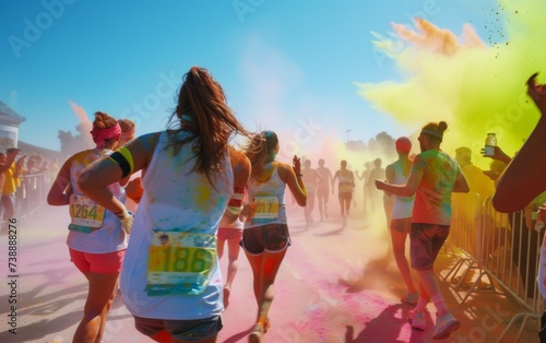 A diverse group of individuals are seen energetically running in a color run event, covered in vibrant hues of powdered paint. The participants are smiling and enjoying the lively atmosphere as they m