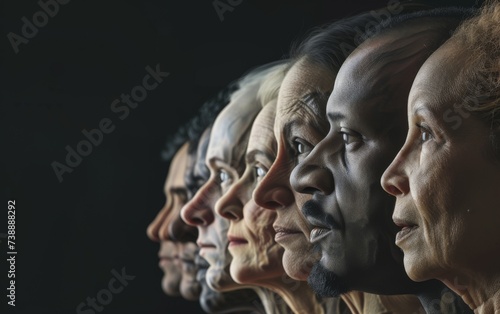This photo captures a row of individuals from different racial backgrounds showcasing a range of facial expressions, including joy, surprise, anger, and confusion. Each persons unique emotion adds dep photo