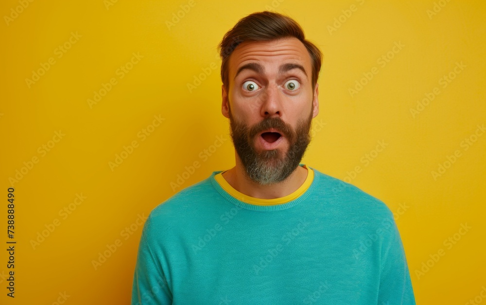 A photo capturing a multiracial man with a surprised expression on his face as he stares directly at the camera. The mans eyes are wide open, eyebrows raised, and mouth slightly agape, conveying a sen A photo capturing a multiracial man with a surprised expression on his face as he stares directly at the camera. The mans eyes are wide open, eyebrows raised, and mouth slightly agape, conveying a sen