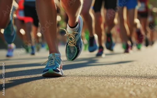 A diverse group of individuals of different races and ethnicities are seen running down a busy urban street. They are in motion, with determined expressions, conveying a sense of energy and unity