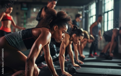 A diverse group of individuals are shown in a gym, all engaged in performing push ups on the floor. The image captures the collective effort and determination of the participants in their fitness rout photo