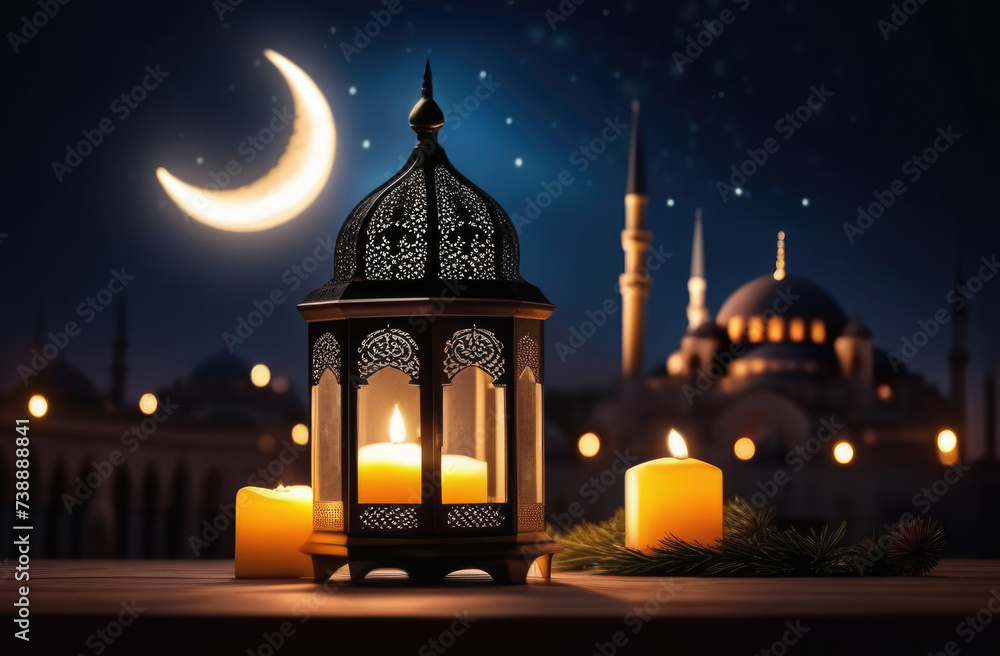 Eid al-Fitr, Laylat al-Qadr, holy month of Ramadan,Arabic fanus lantern on a wooden windowsill, candles, mosque with minarets, view from the window, moon moon and stars - obrazy, fototapety, plakaty 