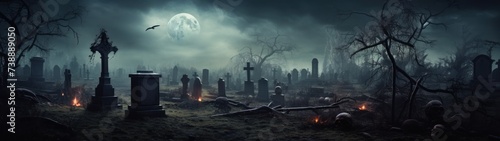 A spooky Halloween holiday with a cemetery, fog, full moon and tombstones creating an atmosphere of fear.