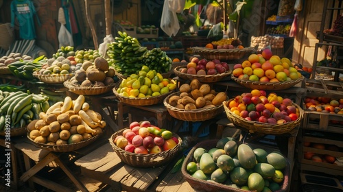 A bustling tropical market scene with colorful stalls laden with an array of fresh, exotic fruits, sourced from local farms, under a bright sunny sky.