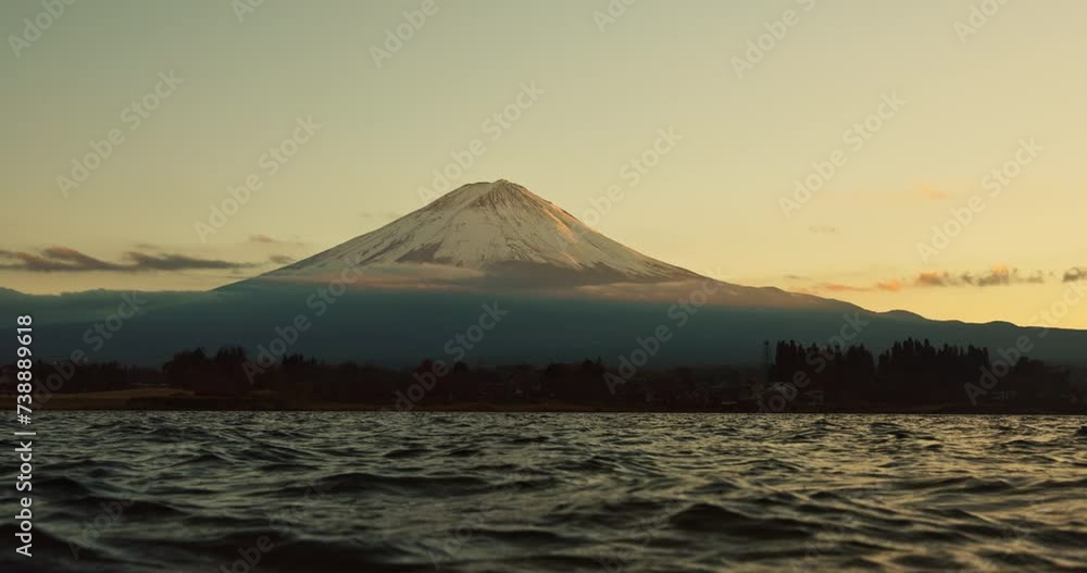 Water, mountain and waves in sunset with blue sky, clouds and outdoor natural scenery in Japan. Ripples, tide and eco friendly environment of nature, lake or view of greenery in countryside on mockup
