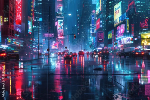This image presents a stunning night-time cityscape bathed in neon lights, with reflections on streets creating a futuristic atmosphere. Resplendent. © Summit Art Creations