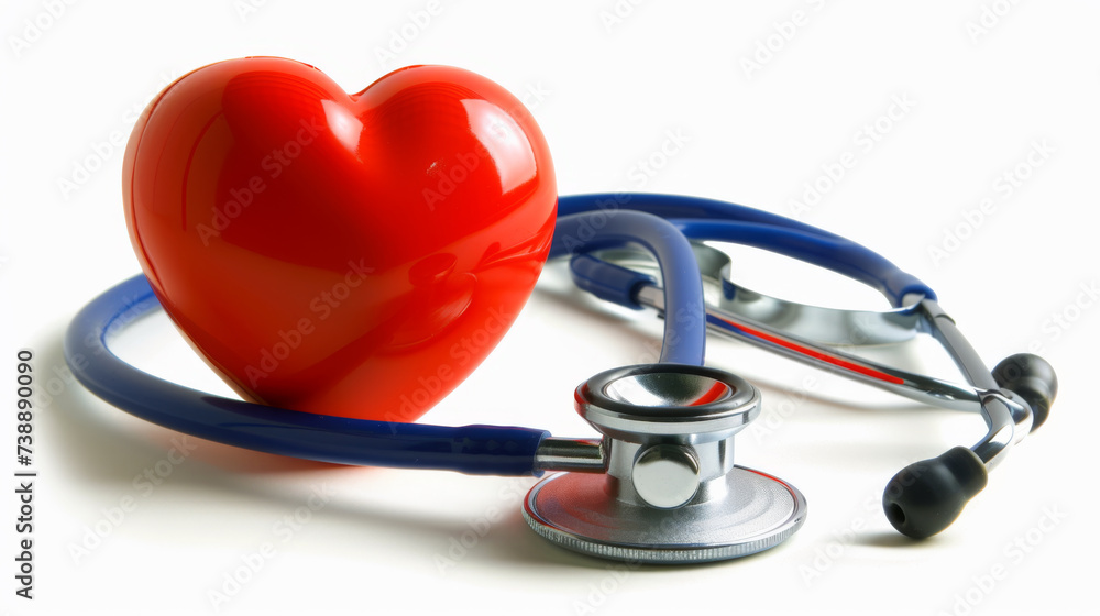 red heart-shaped object alongside a blue stethoscope against a white background, symbolizing healthcare, cardiology, and medical professions. red heart-shaped object alongside a blue stethoscope against a white background, symbolizing healthcare, cardiology, and medical professions.