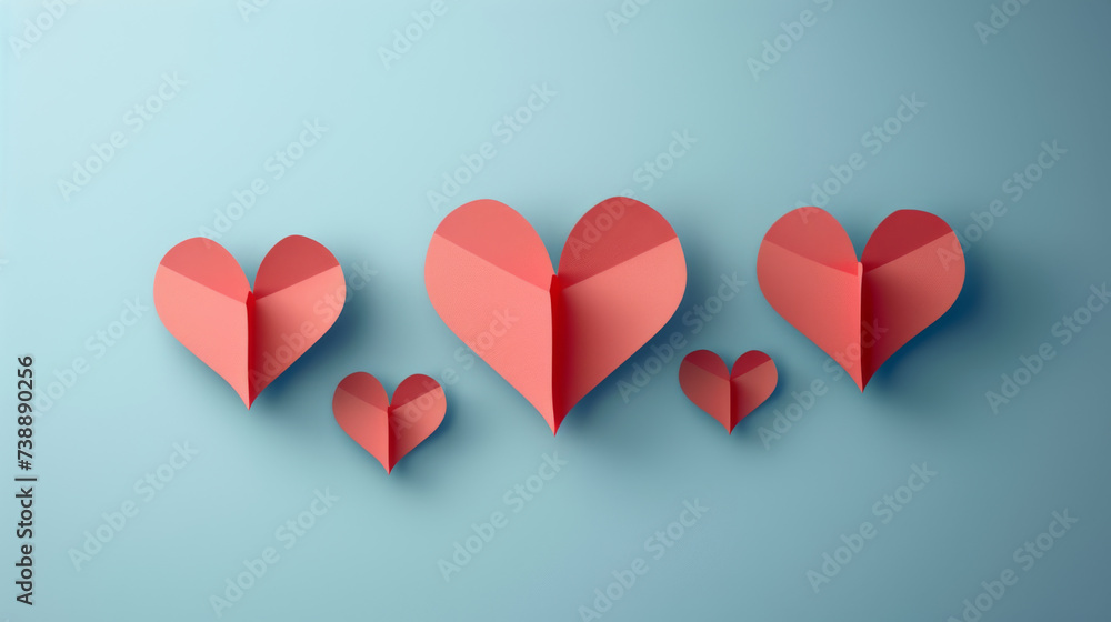 series of red paper hearts in different shades, arranged in a diagonal line on a solid light blue background. series of red paper hearts in different shades, arranged in a diagonal line on a solid light blue background.