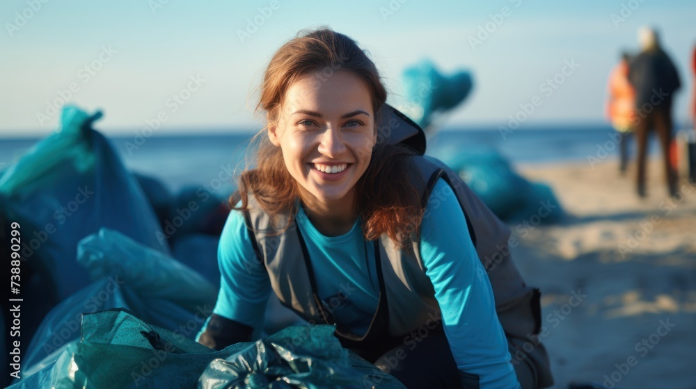 Ocean cleanup: Pretty woman in a stylish coat, a cheerful face, contributes to cleaning bags of garbage, a symbol of eco-consciousness.