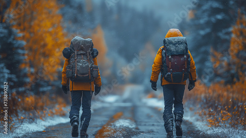 Couple walking in a snowy forest photo