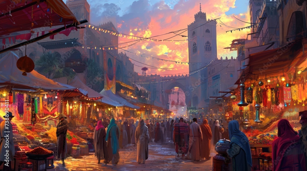The warm glow of sunset bathes a traditional Moroccan market, where locals engage in commerce amid vibrant stalls and goods. Resplendent. - obrazy, fototapety, plakaty 