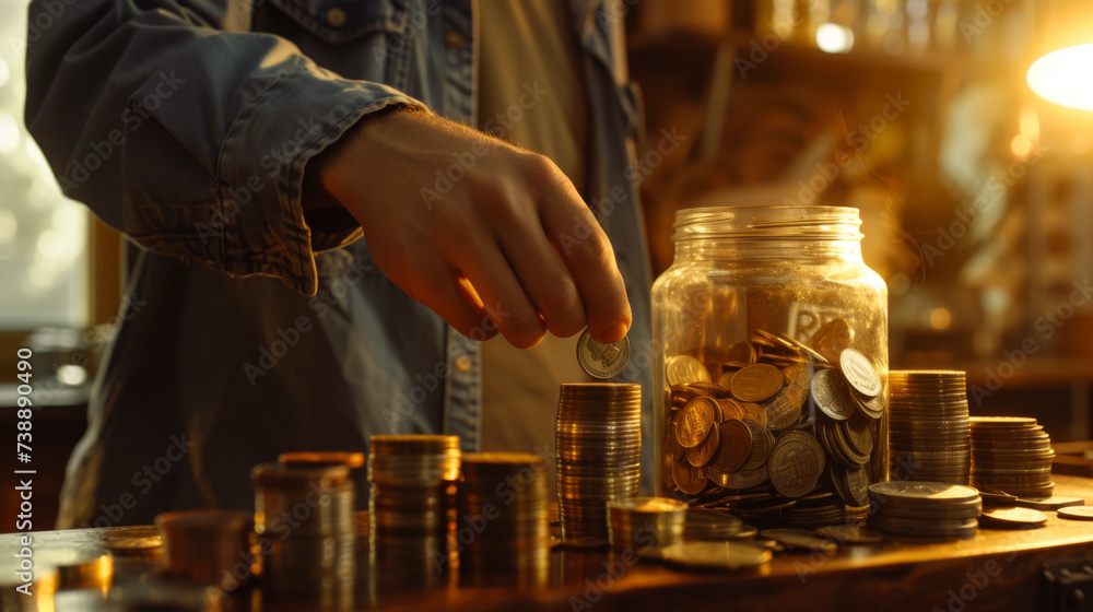 person's hand putting a coin into a glass jar filled with coins person's hand putting a coin into a glass jar filled with coins