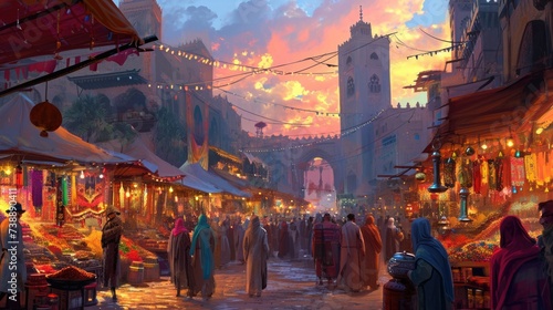 The warm glow of sunset bathes a traditional Moroccan market, where locals engage in commerce amid vibrant stalls and goods. Resplendent.