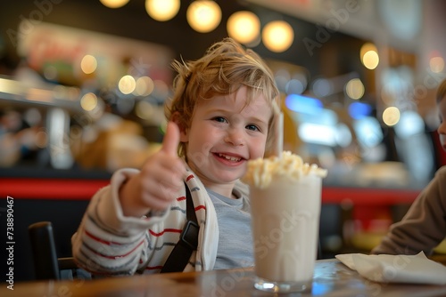 A joyful toddler boy gives a thumbs up while enjoying a milkshake in a family cafe. Concept Toddler Boy  Thumbs Up  Milkshake  Family Cafe  Joyful Attitude