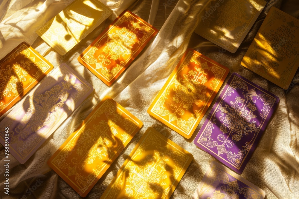 Elegantly displayed tarot cards bask in natural light, arranged meticulously on a pristine surface
Elegantly displayed tarot cards bask in natural light, arranged meticulously on a pristine surface