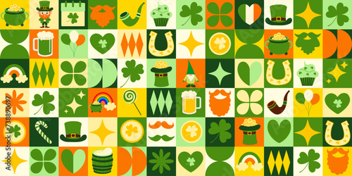 St. Patrick's day icon elements with geometric pattern. Bauhaus style. Vector flat design for poster, card, wallpaper, poster, banner, packaging. Shamrock, leprechaun, clover, March 17th, hat, gnome.