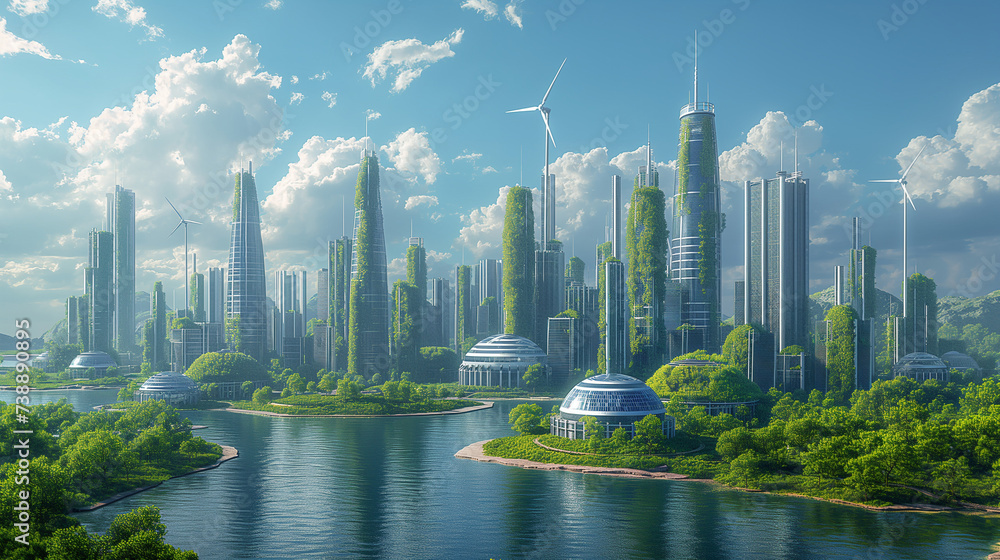 Futuristic ecological city with high end technology and vegetation around