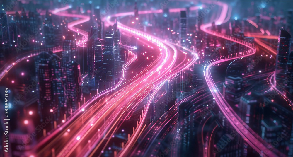 Fototapeta premium Fiber Optic Lines Weaving Seamlessly Through Cityscape, Symbolizing High-Speed Internet and Communication Network . 