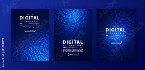 Poster brochure cover banner presentation layout template, technology digital futuristic internet network connection blue background, abstract cyber future tech communication, Ai big data science 3d