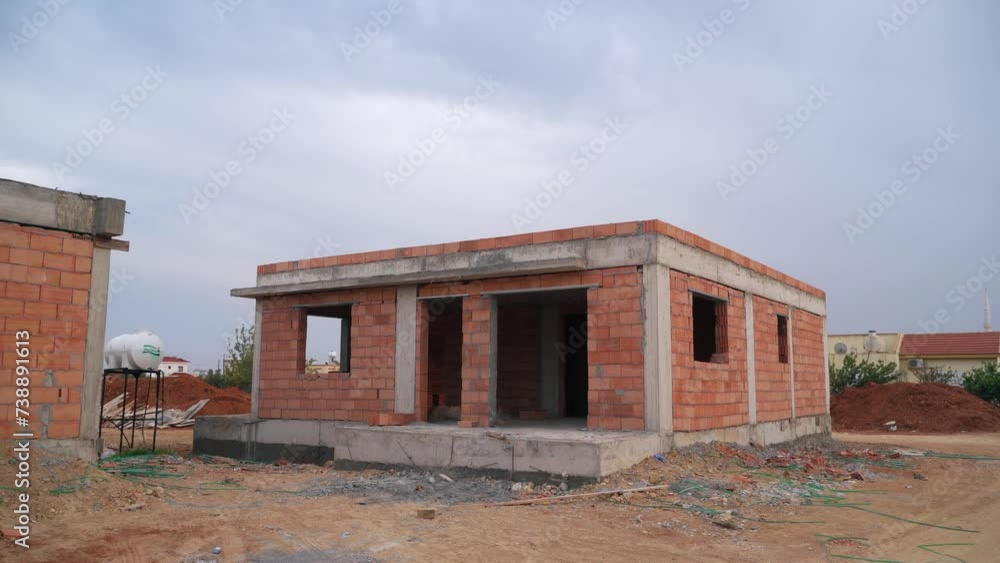 Brick house under construction on residential site. Workers build structure, home development. Housing investment, mortgage rates, real estate market growth. Brick house under construction on residential site. Workers build structure, home development. Housing investment, mortgage rates, real estate market growth.