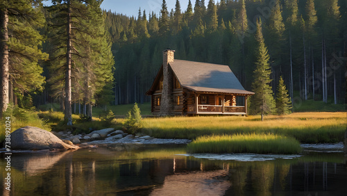 A log cabin sits on a grassy shore near a lake, surrounded by trees.