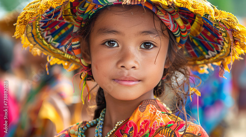 A young girl from the Dawei people in Myanmar is pictured wearing a vibrant and colourful hat. She stands gracefully, showcasing the cultural attire that represents her heritage. 